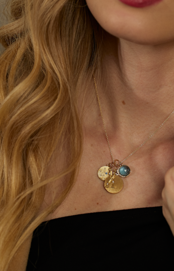Moon charm-London blue topaz on neck