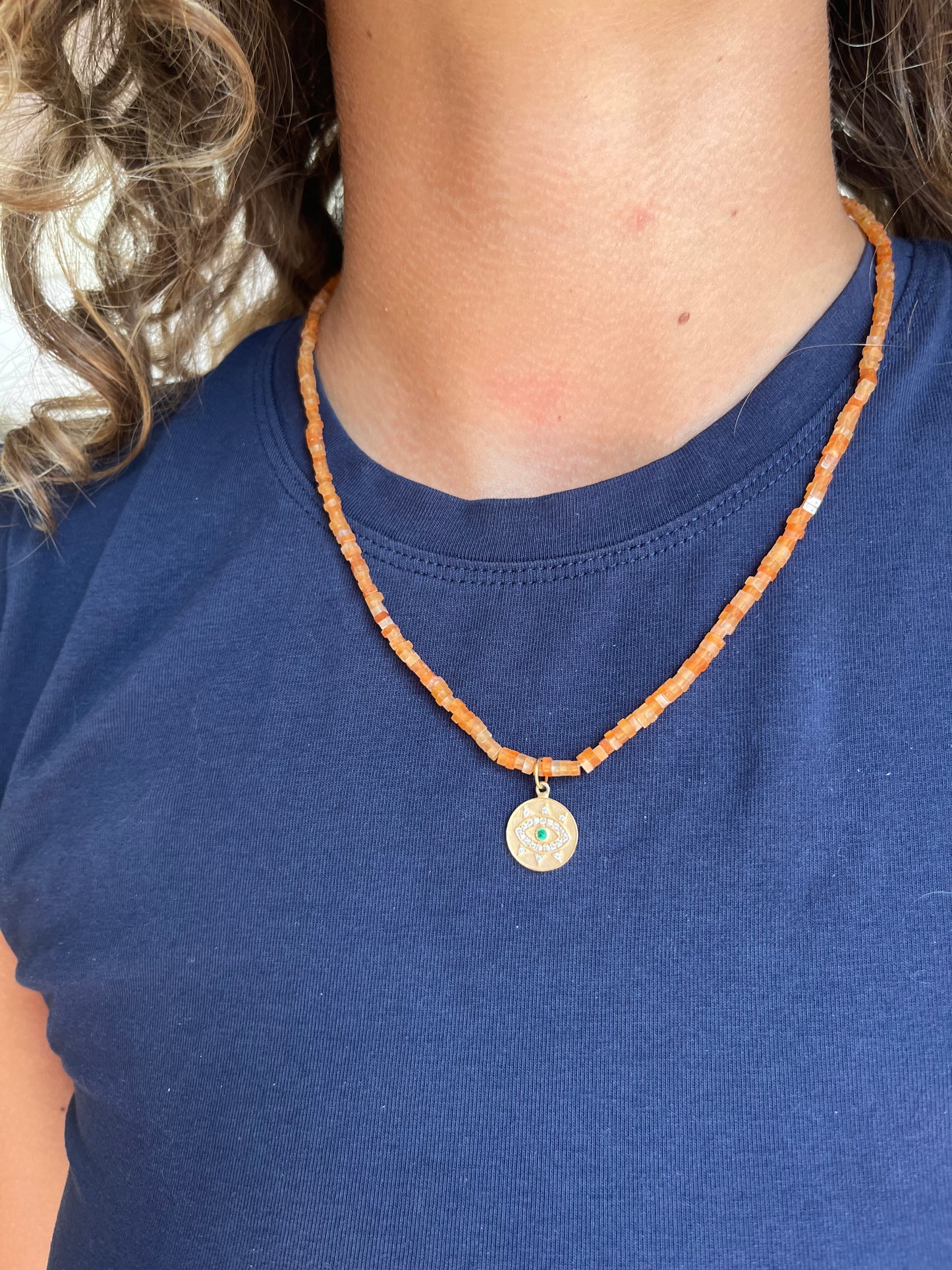 Orange Aventurine Beaded Necklace with Evil Eye Disc Charm