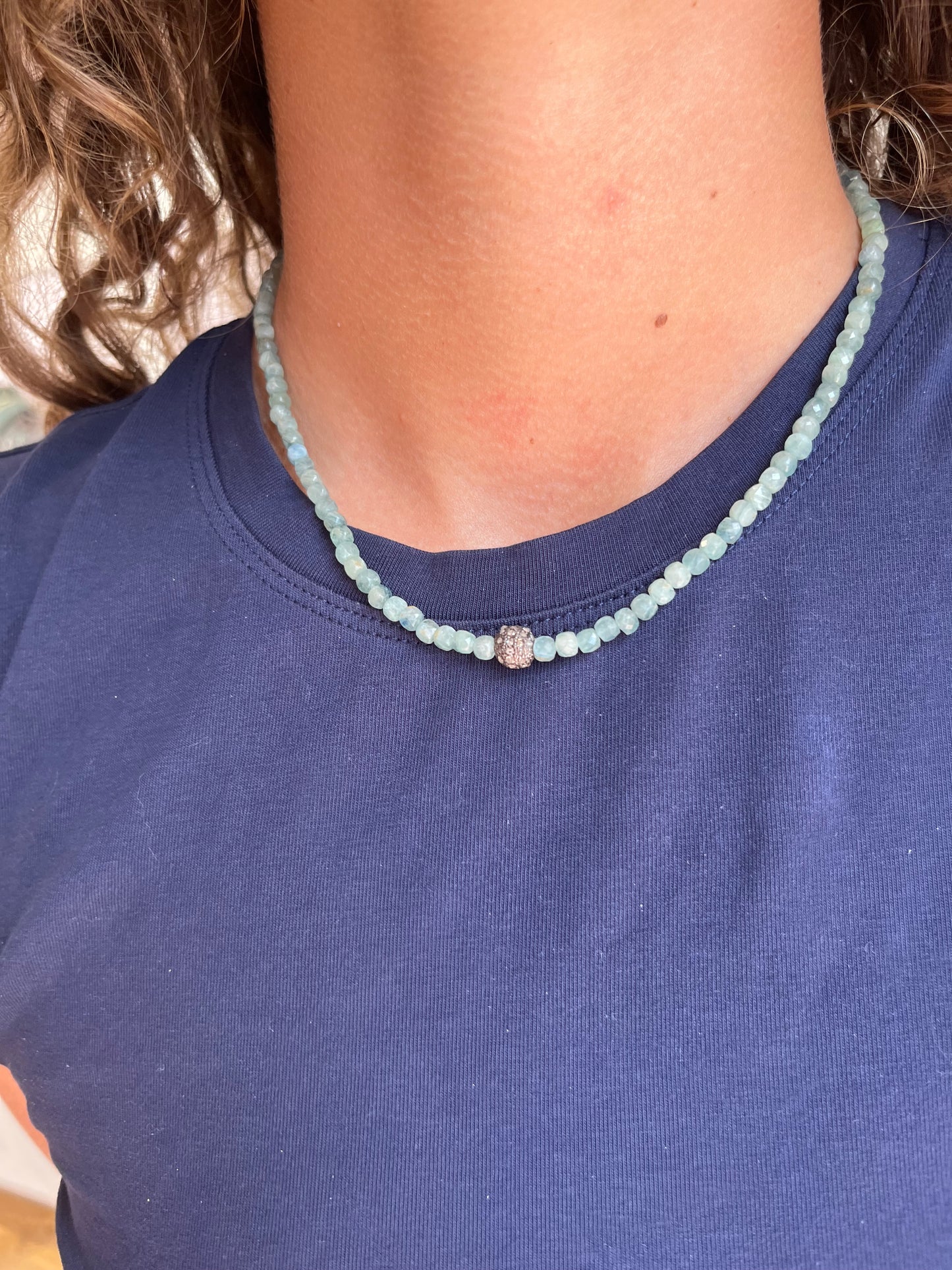 Kyanite Cube Beads Necklace with Oxidized Sterling Silver Bead