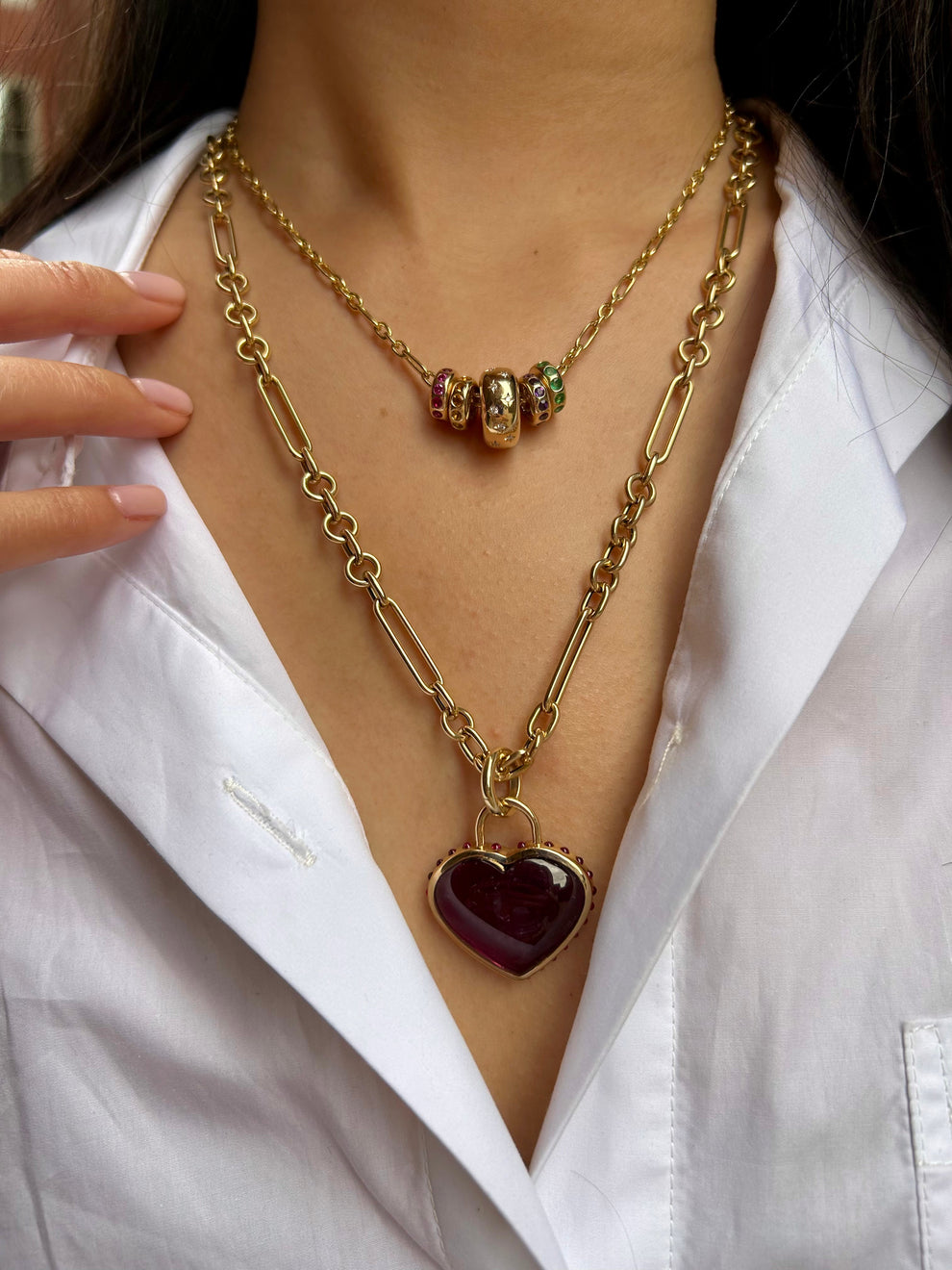 Heart Pendant - Purple Tourmaline and Ruby Cabochon