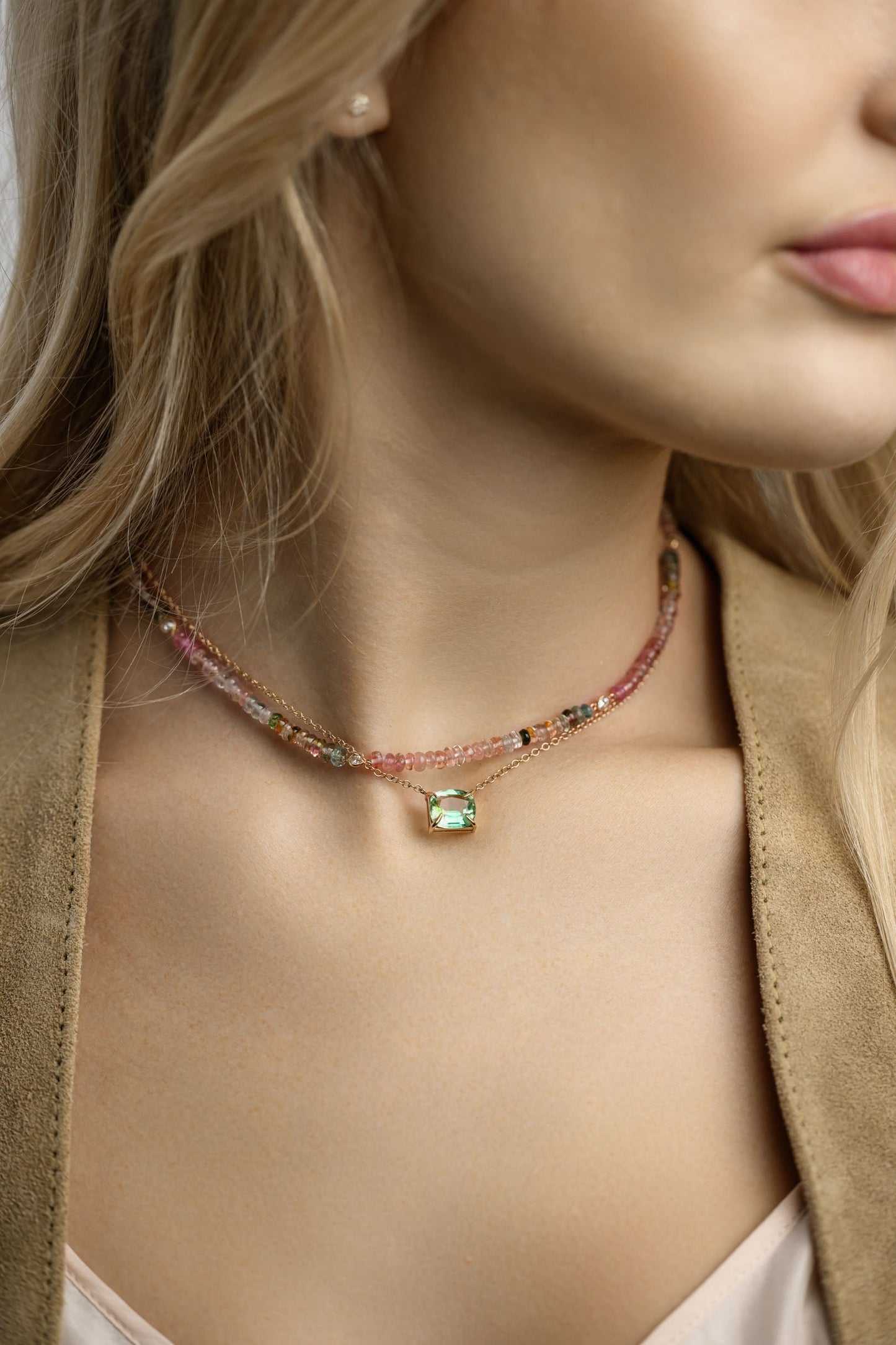 Watermelon Tourmaline Beaded Necklace with Five Floating Diamonds