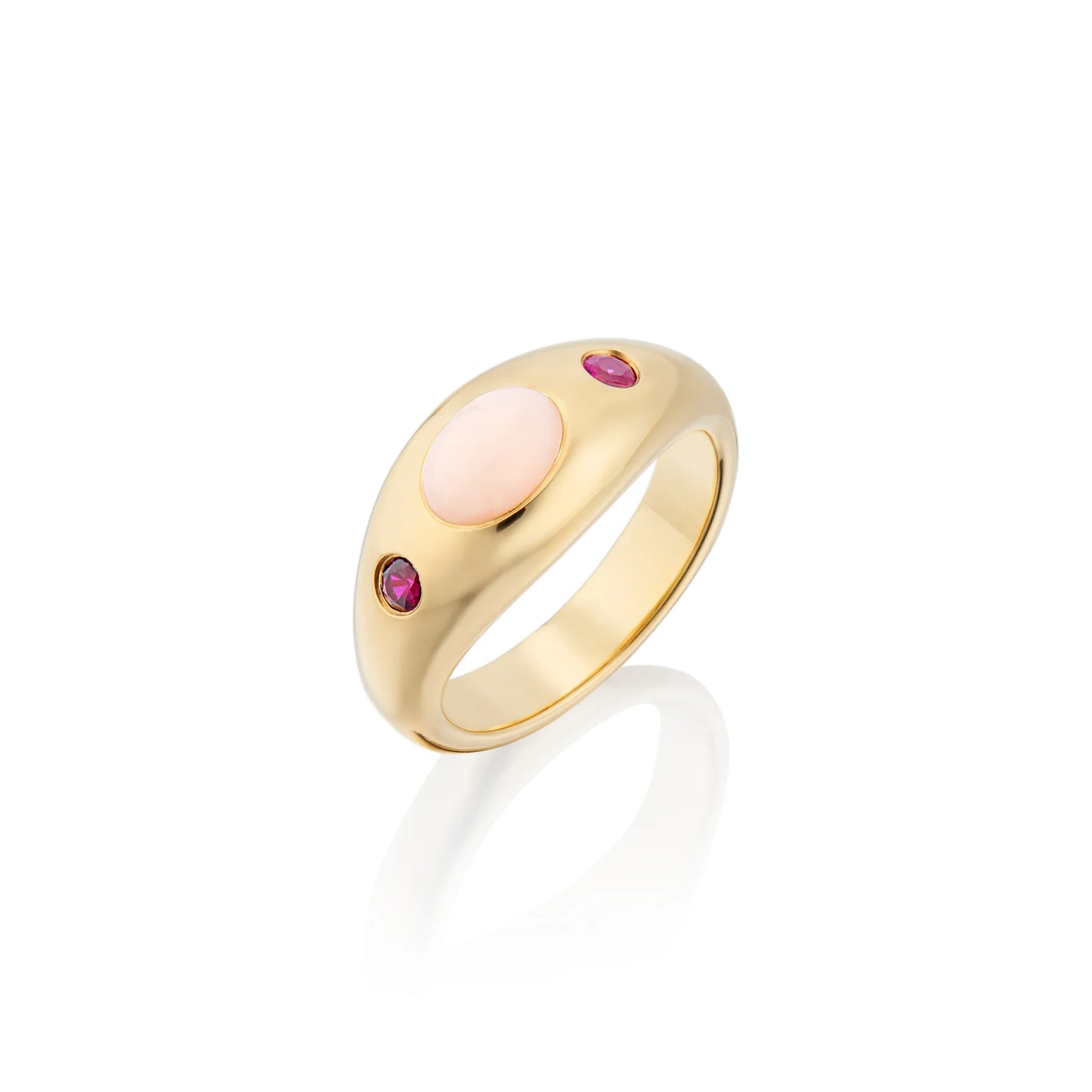 Classic Gemstone Signet Ring with Pink Opal and Rubies