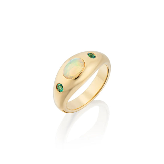 Classic Gemstone Signet Ring with Opal and Emeralds