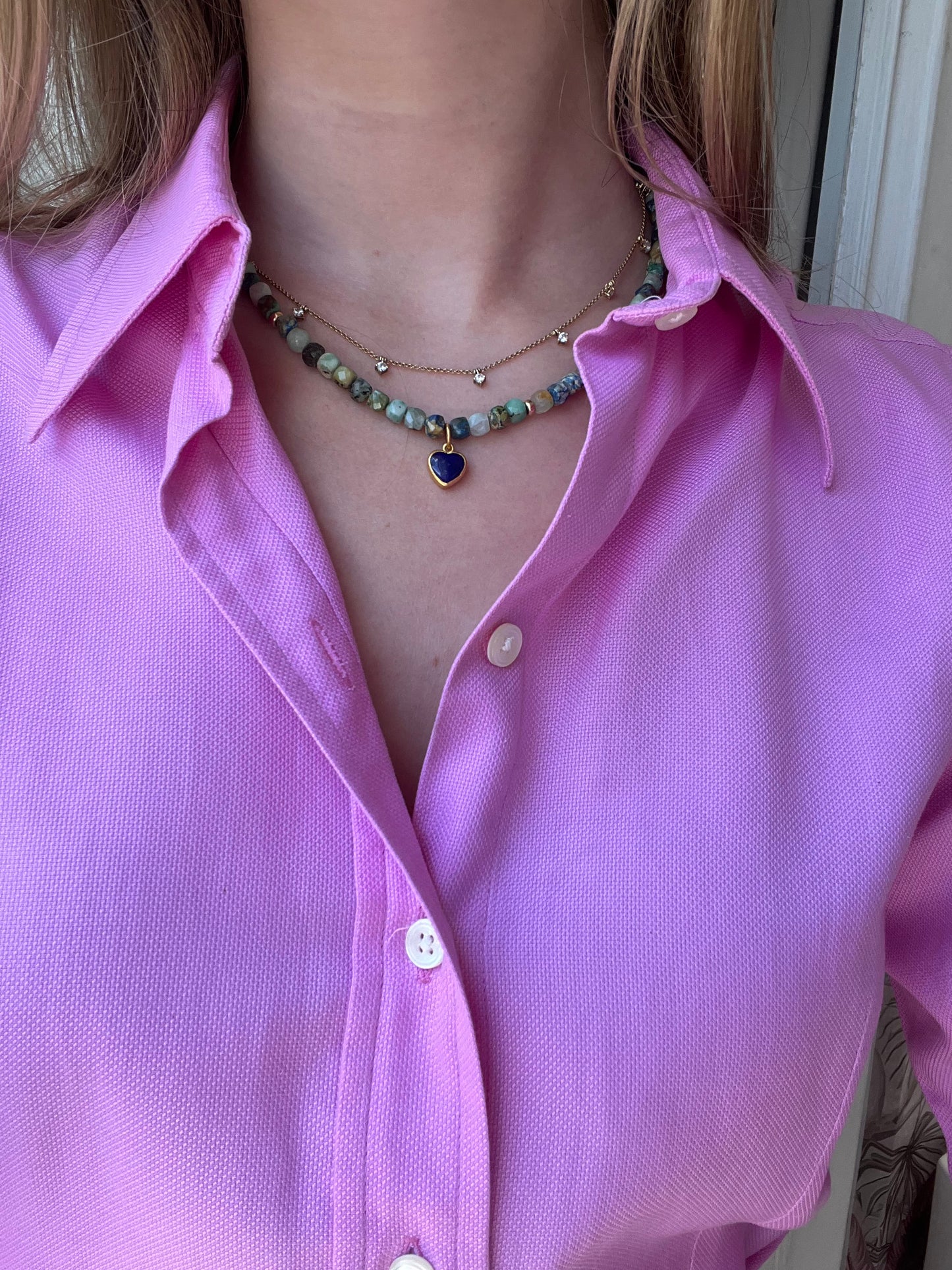 Lapis and Chrysoprase Beaded Necklace with Heart Charm