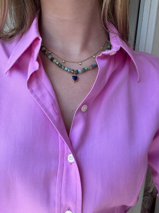 Lapis and Chrysoprase Beaded Necklace with Heart Charm
