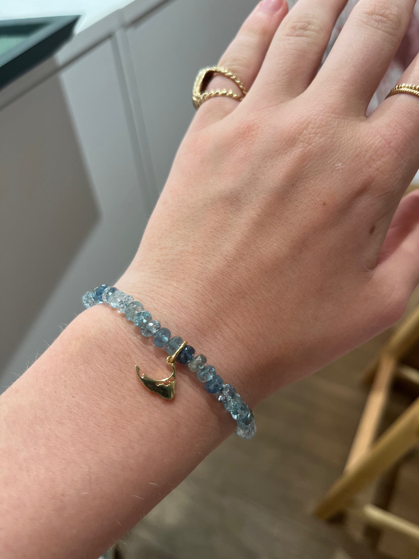 Multi Hued Aquamarine Knotted Bracelet with Nantucket Charm