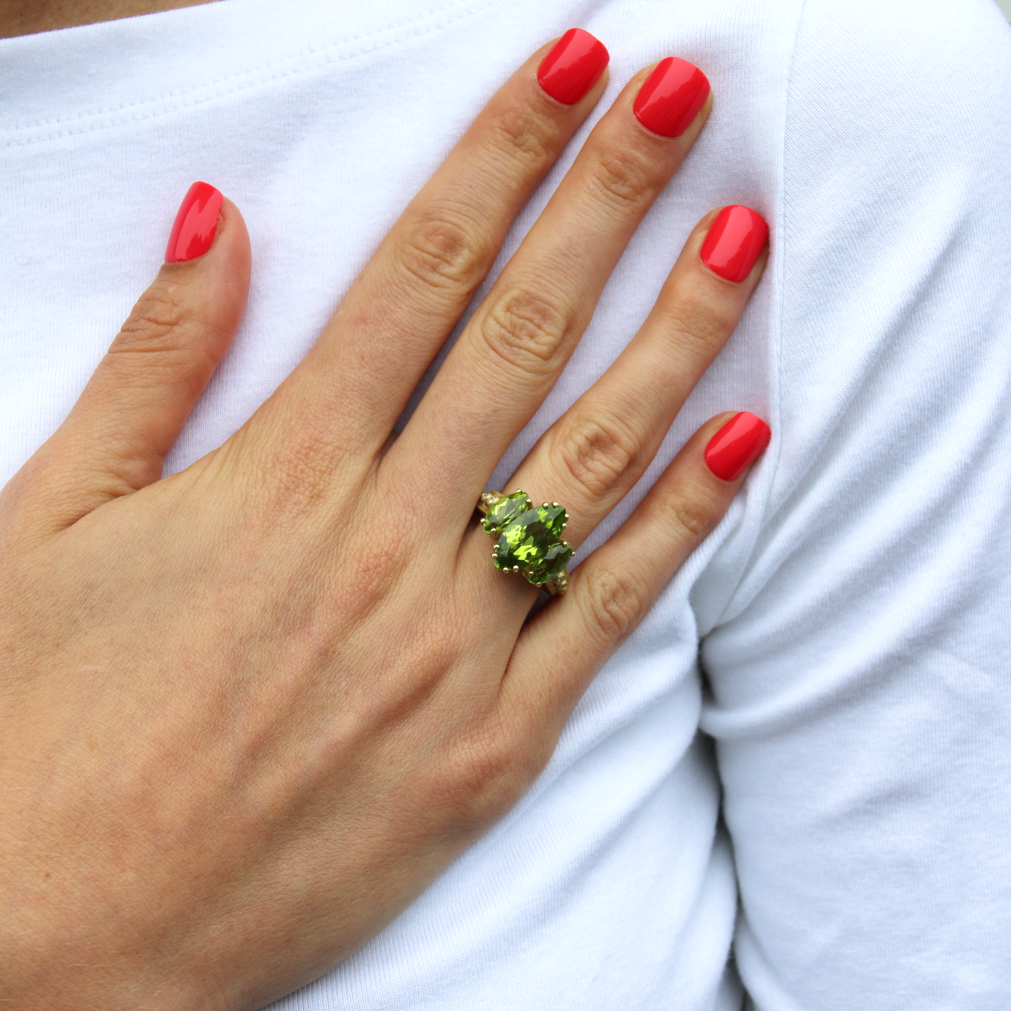 One of a Kind Three Stone Peridot Ring