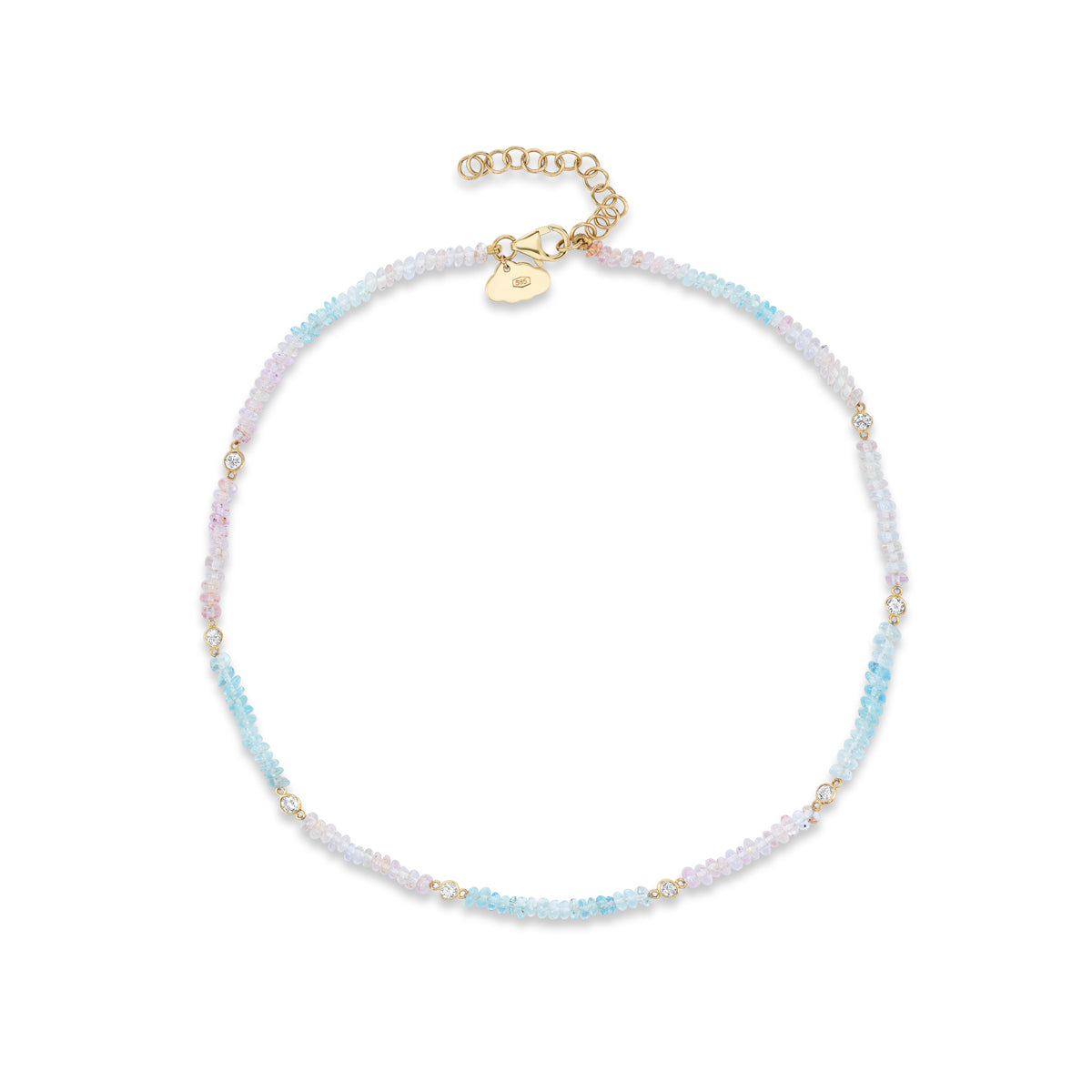 Pink Tourmaline & Aquamarine Beaded Necklace with Five Floating Diamonds