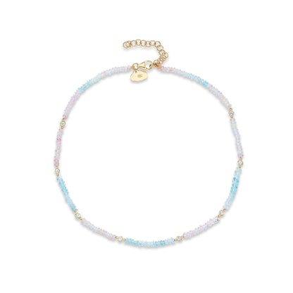 Pink Tourmaline & Aquamarine Beaded Necklace with Five Floating Diamonds