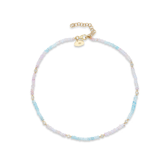 Pink Tourmaline & Aquamarine Beaded Necklace with Five Floating Diamonds