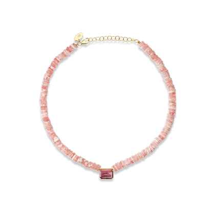 Rhodochrosite Beaded Necklace with Pink Tourmaline Center Stone