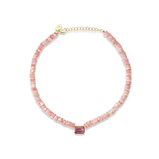 Rhodochrosite Beaded Necklace with Pink Tourmaline Center Stone