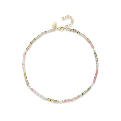 Watermelon Tourmaline Beaded Necklace with Five Floating Diamonds