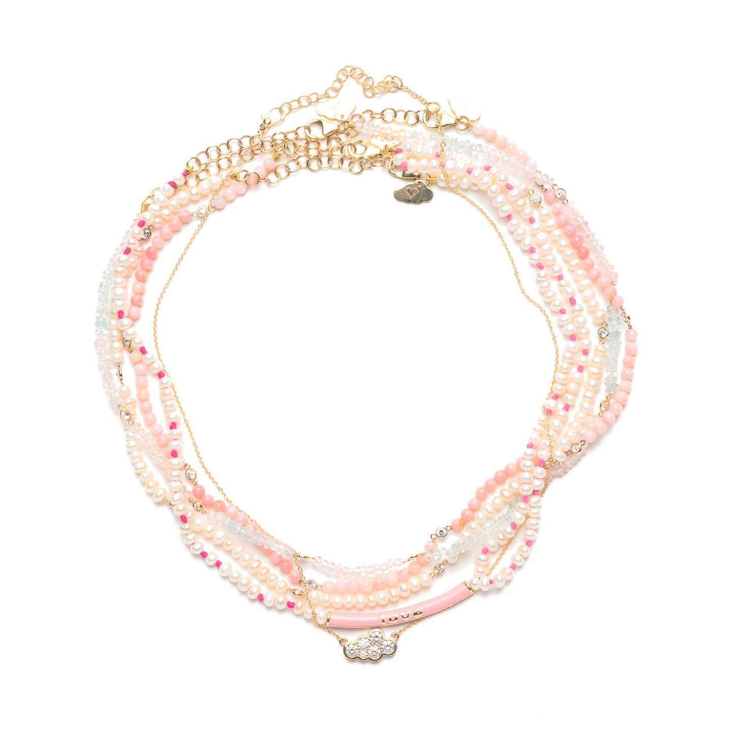 Pink Tourmaline & Aquamarine Beaded Necklace with Five Floating Diamonds