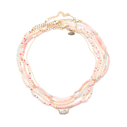 Pink Tourmaline & Aquamarine Beaded Necklace with Five Floating Diamonds