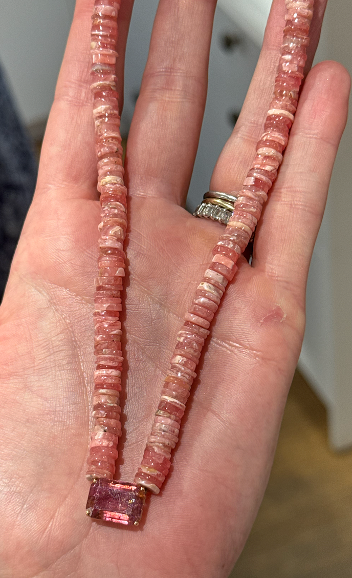 Rhodochrosite Beaded Necklace with Pink Tourmaline Center Stone