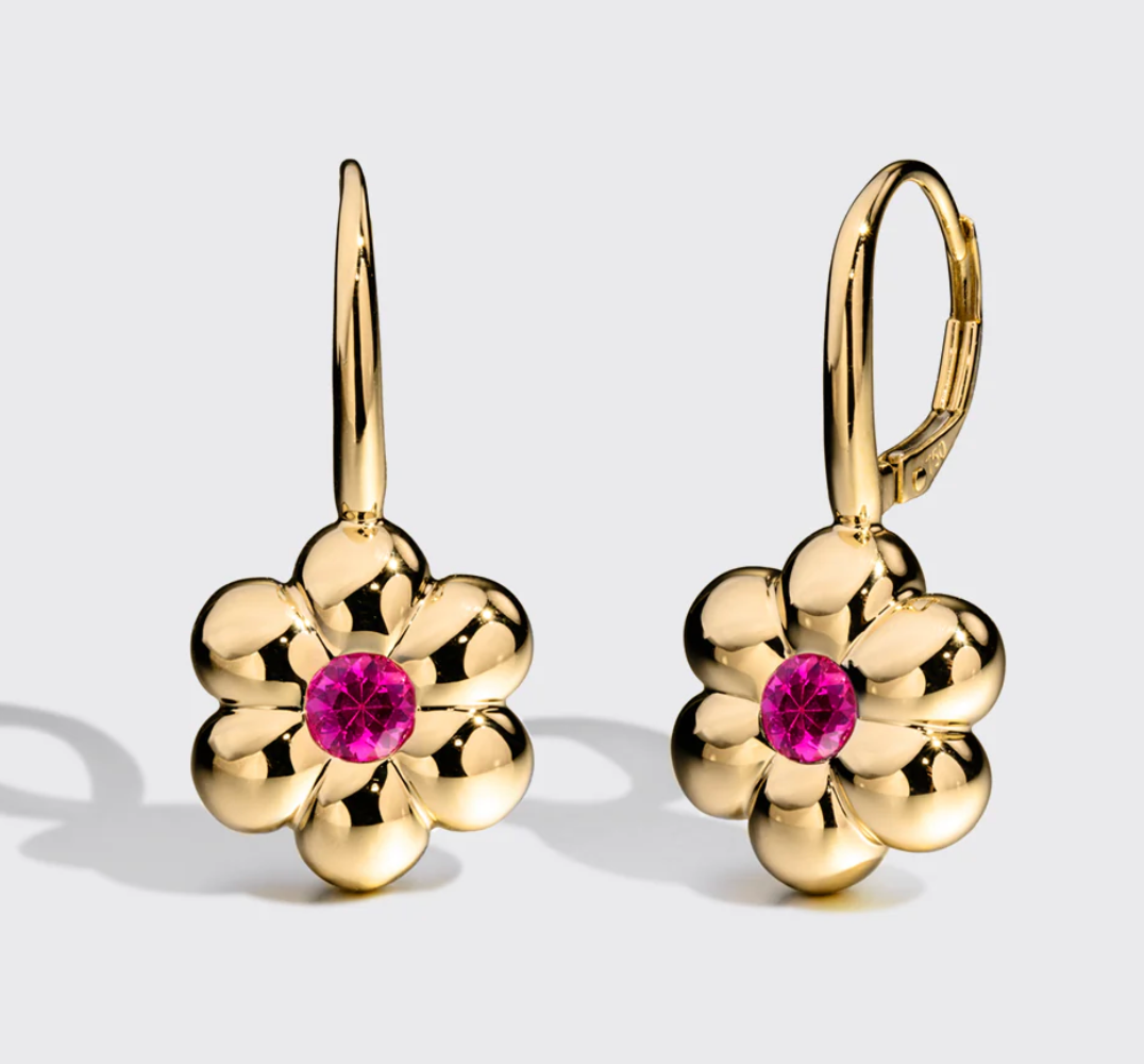 Flower Puff Clip Hoop Earrings - Pink Sapphire