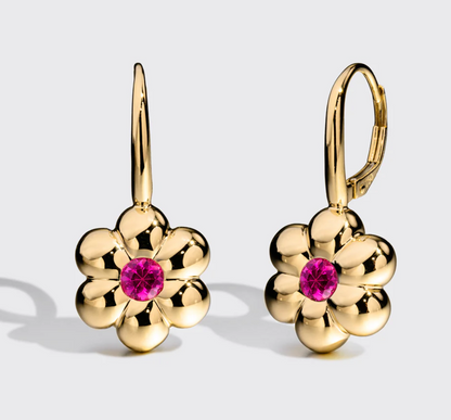 Flower Puff Clip Hoop Earrings - Pink Sapphire