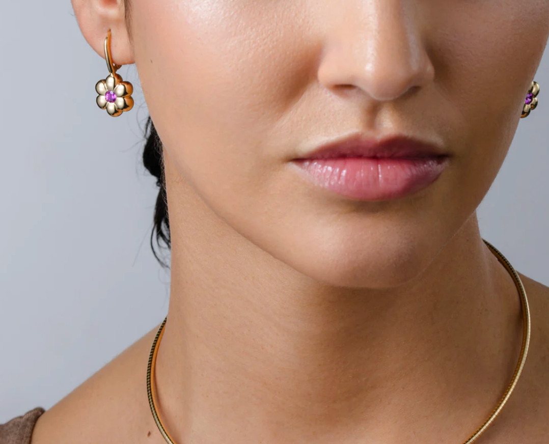 Flower Puff Clip Hoop Earrings - Pink Sapphire