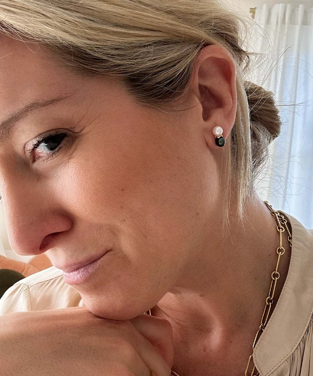 Mini Ric Rac Bead Earrings and Ivory Freshwater Pearl and Black Freshwater