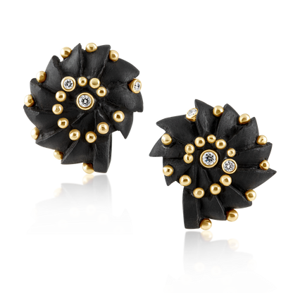 Ebony Carved Wood Ammonite Earrings