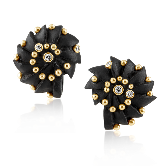 Ebony Carved Wood Ammonite Earrings