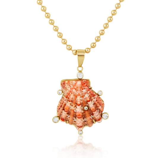 Pink Lion's Paw Shell Pendant with White Stone Halo
