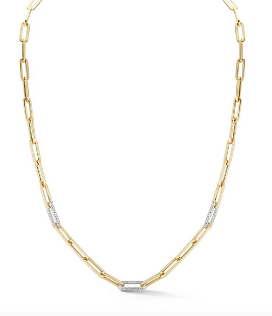 Paperclip Necklace with Diamond Links 14k Yellow Gold