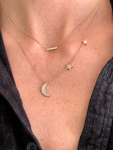 Pave Moon and Stars Necklace 14k Yellow Gold