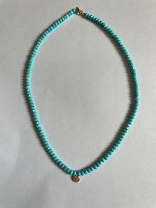 Faceted Turquoise Beaded Necklace with Pave Diamond Disk - 16.5"