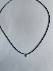 Micro Faceted Lapis Bead Necklace with Turquoise Drop - 17"
