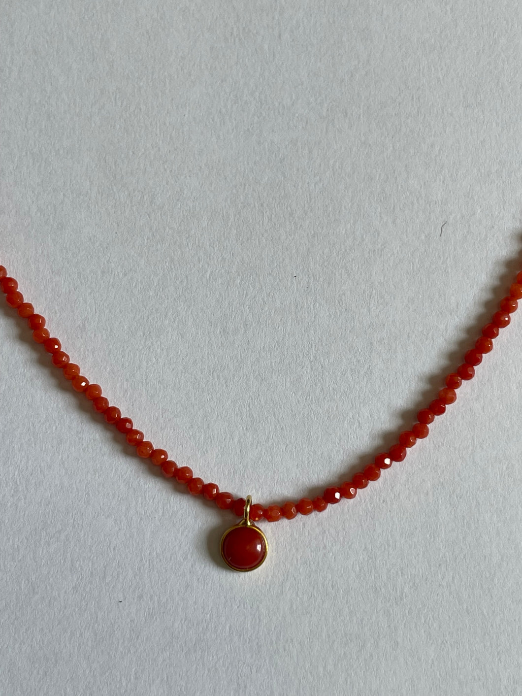 Micro Faceted Coral Bead Necklace with Coral Drop - 16
