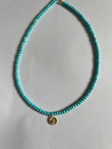 Faceted Turquoise Beaded Necklace with Fluted Diamond Disk - 16"