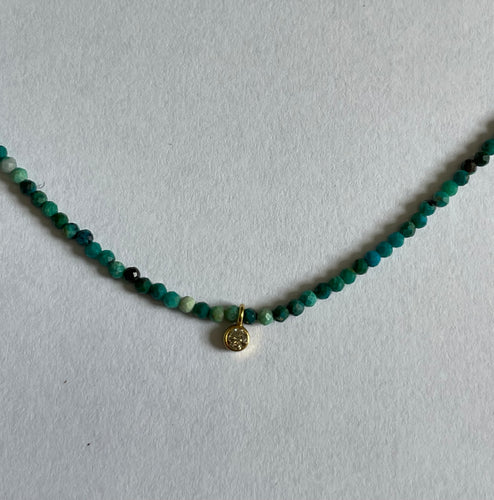 Micro Faceted Chrysocolla Bead Necklace with Diamond Drop - 17