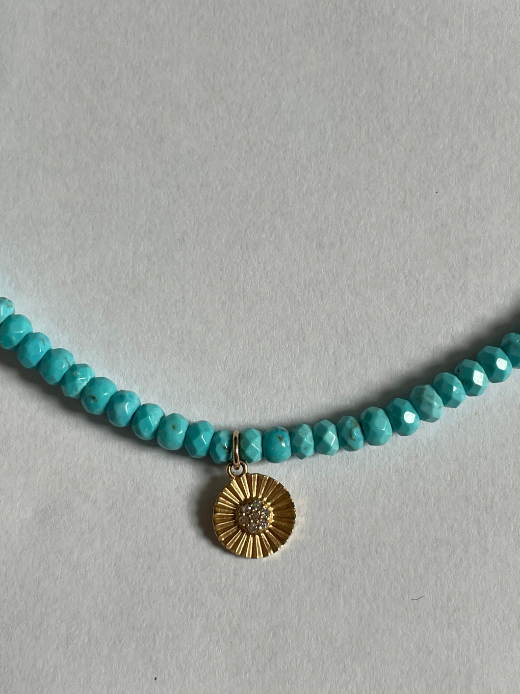 Faceted Turquoise Beaded Necklace with Fluted Diamond Disk - 16