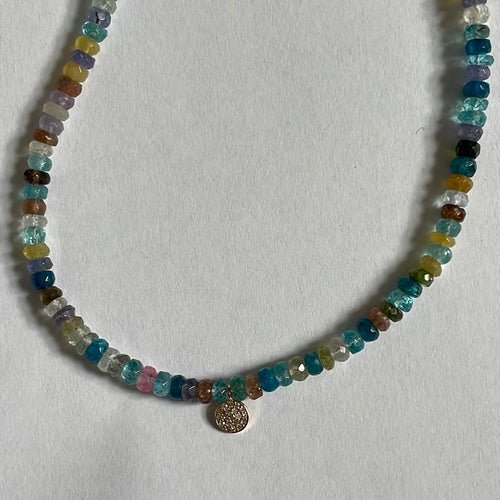 Mixed Gemstone Beaded Necklace with Pave Diamond Disk - 16