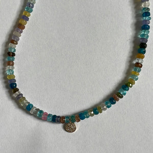 Mixed Gemstone Beaded Necklace with Pave Diamond Disk - 16"