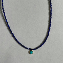 Load image into Gallery viewer, Micro Faceted Lapis Bead Necklace with Turquoise Drop - 17&quot;