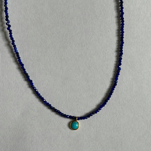 Micro Faceted Lapis Bead Necklace with Turquoise Drop - 17"