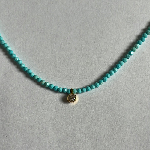 Turquoise Bead Necklace with Diamond Drop - 16