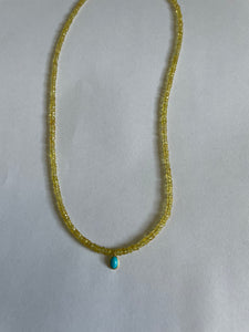 Yellow Sapphire Beaded Necklace with Turquoise Drop - 19"