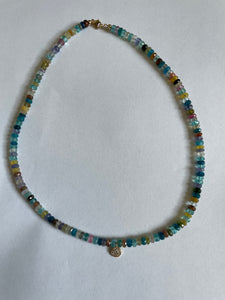 Mixed Gemstone Beaded Necklace with Pave Diamond Disk - 16"