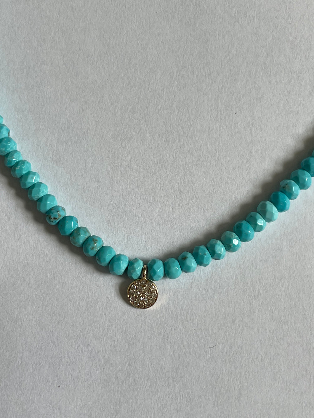 Faceted Turquoise Beaded Necklace with Pave Diamond Disk - 16.5